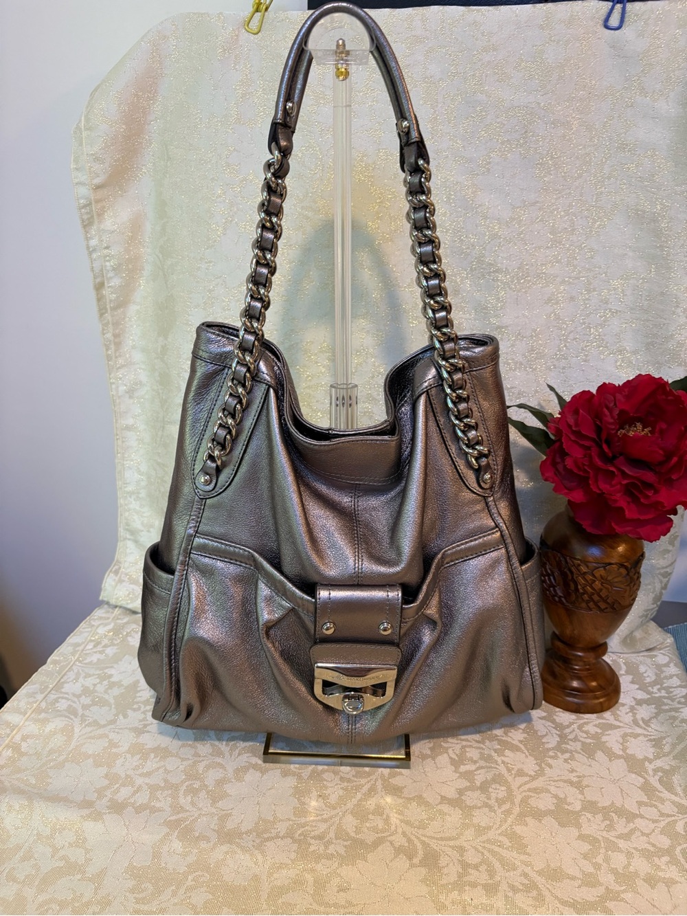 b. makowsky Metallic Pewter Leather Chain-Handle Shoulder Bag - Picture 4 of 15